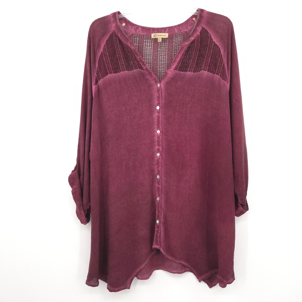 Democracy Tunic Top Women 2X Burgundy Crochet Lace Roll Tab Sleeve Boho